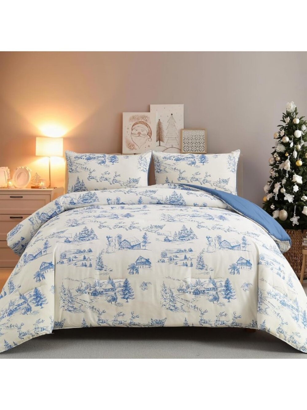 Cozy Blue Christmas Comforter Set Queen - Snowman & Tree Holiday Bedding